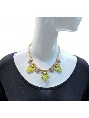 J. Crew Gold Tone Bib Necklace - Jadeite & Brulee Rhinestone Floral Design